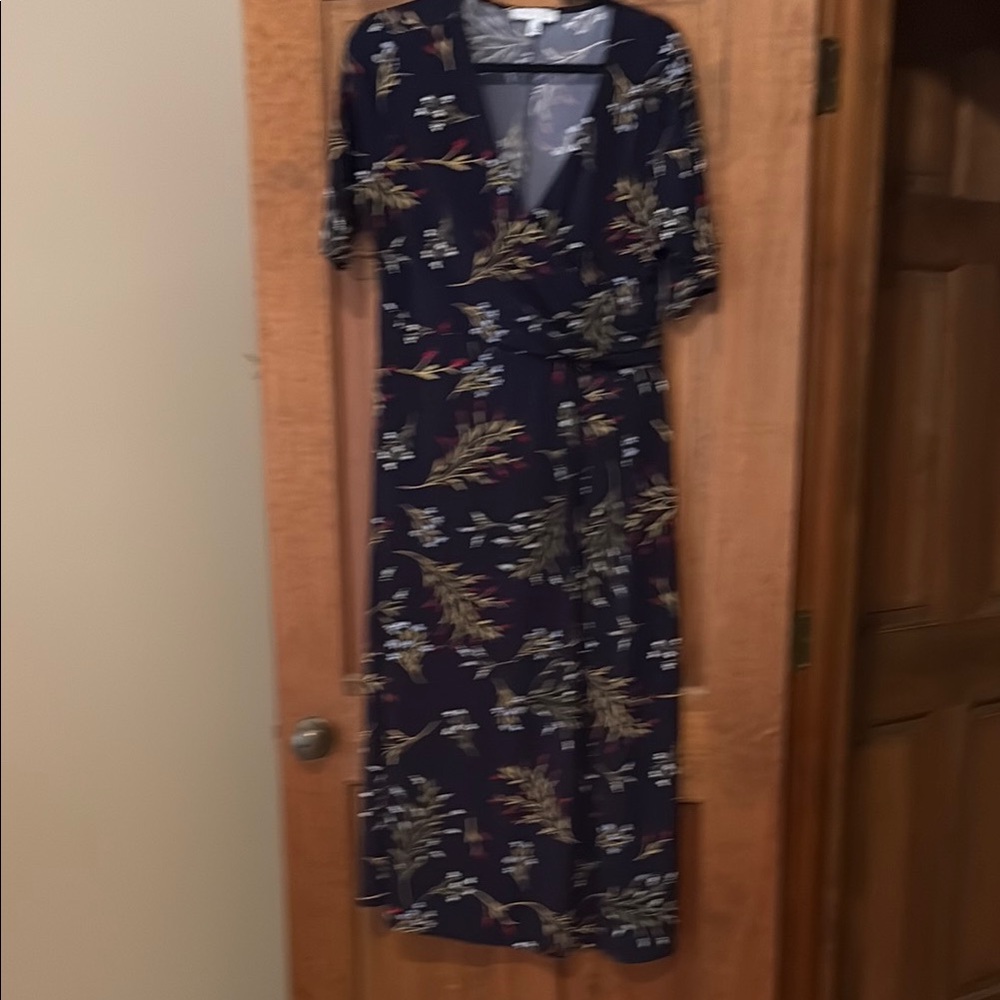 Chaus Blue and Cream Wrap Midi Dress V-Neck 3/4 Sleeve